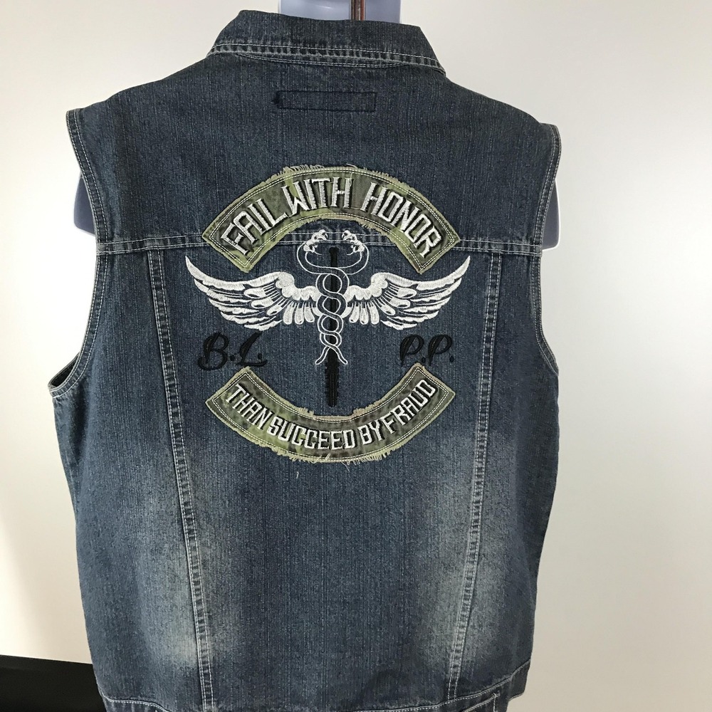 Blac Label Denim Vest Mens Large Blue Camo Embroidered‎ Patch Fail With Honor